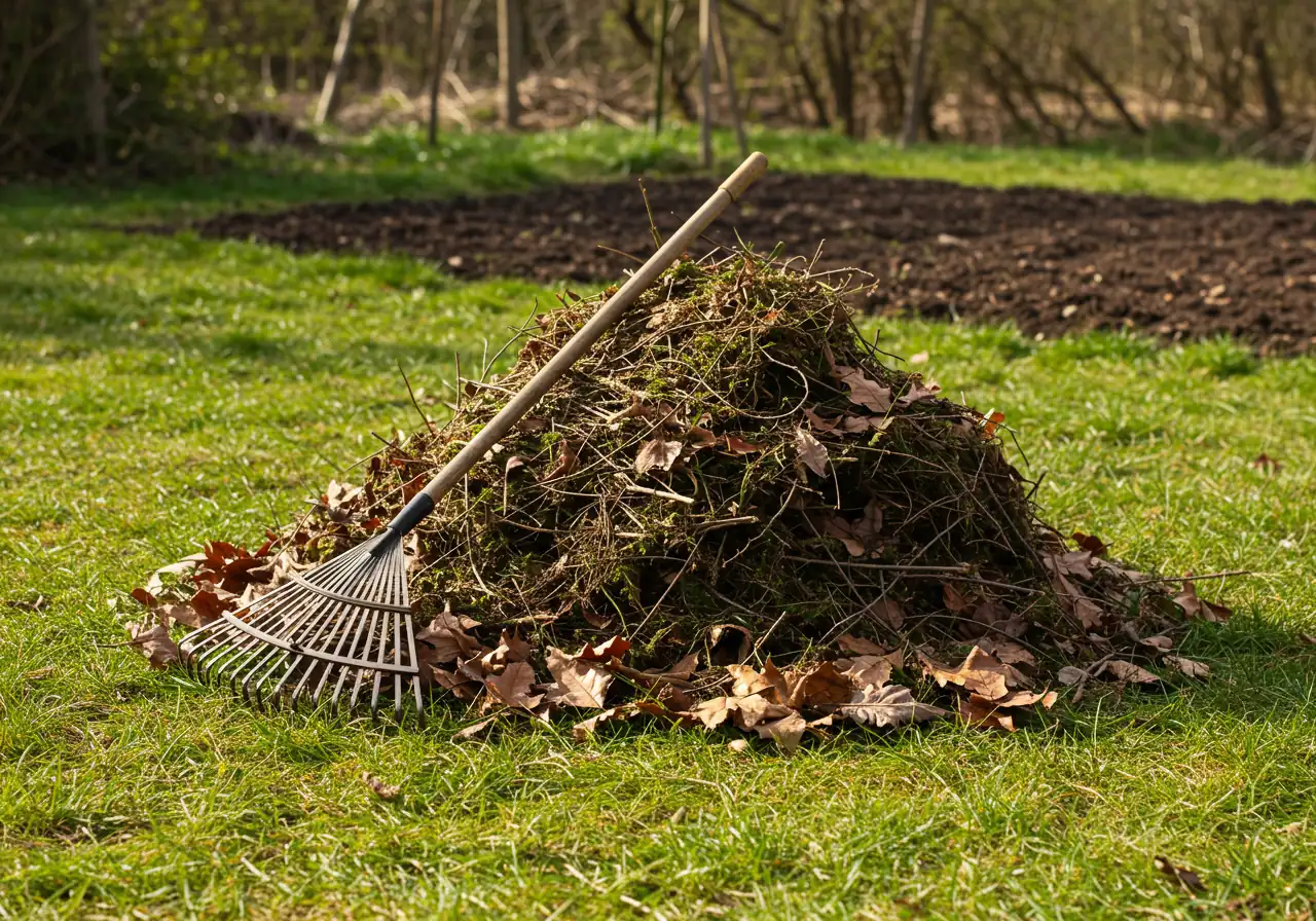 An illustrative image showing the result of initial spring cleanup efforts. Focus on a neat pile of raked autumn leaves, small twigs, and dead plant debris resting on a patch of lawn that is starting to green up. A clean metal leaf rake could be resting beside or leaning against the pile. In the background, a cleared garden bed with dark soil can be partially visible.