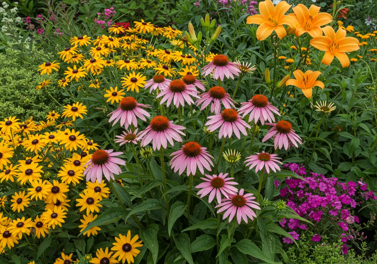 A vibrant flower bed display showcasing plants suitable for full sun conditions in Zone 5a. Prominently features cheerful yellow Black-Eyed Susans (Rudbeckia) and pink Coneflowers (Echinacea) mingling with clumps of sturdy Daylilies (Hemerocallis) with green strap-like foliage. The scene is brightly lit by direct sunlight, emphasizing the sun-loving nature of the plants. Bees could be subtly visible on some flowers.