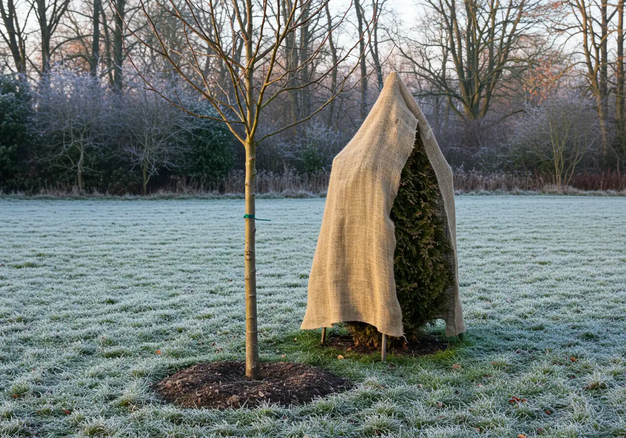 An image showcasing protection methods for vulnerable trees. This could feature either: a) the lower trunk of a young, thin-barked tree wrapped neatly with light-coloured commercial tree wrap from the base up to the lower branches, OR b) an evergreen shrub (like a cedar) partially enclosed by a burlap screen erected on wooden stakes a few inches away from the foliage, protecting it from wind/salt spray. The setting should be late fall or early winter, perhaps with frosty ground but minimal snow.