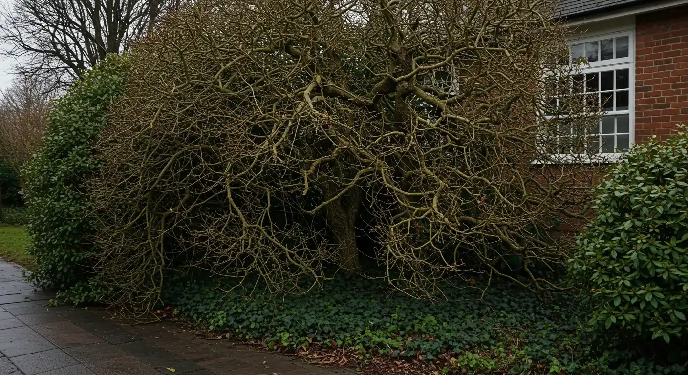 An image vividly depicting the problem: a massively overgrown, neglected deciduous shrub (like a lilac or forsythia) encroaching significantly onto a residential walkway or partially obscuring a ground-floor window. The shrub should look dense, tangled, with lots of old, woody stems, clearly illustrating the 'before' state that requires renovation pruning. The setting is a typical suburban yard in late winter/early spring before leaf-out.