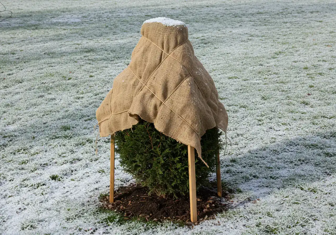 An image depicting winter protection for a vulnerable shrub. Shows a medium-sized evergreen shrub (like an upright cedar or boxwood) loosely wrapped with natural-colored burlap. Wooden stakes are visible around the perimeter, holding the burlap away from direct contact with the foliage, creating a screen. A light dusting of snow could be on the ground or burlap for context.