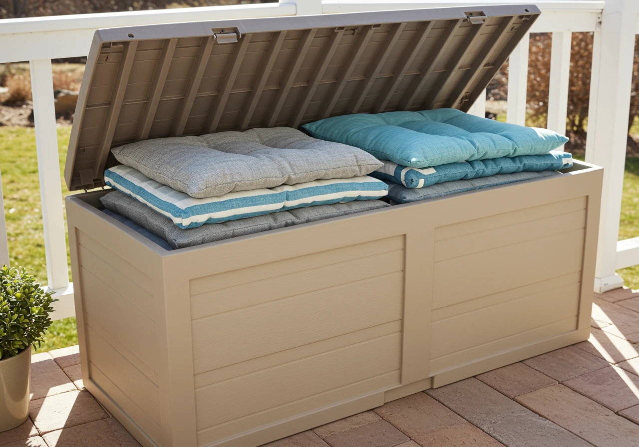 An organized stack of clean, dry outdoor furniture cushions (various neutral colors/patterns) placed inside a large, waterproof resin deck box or storage bin. The lid of the box could be slightly ajar to show the cushions clearly, ready for winter storage. The setting is a patio or deck.