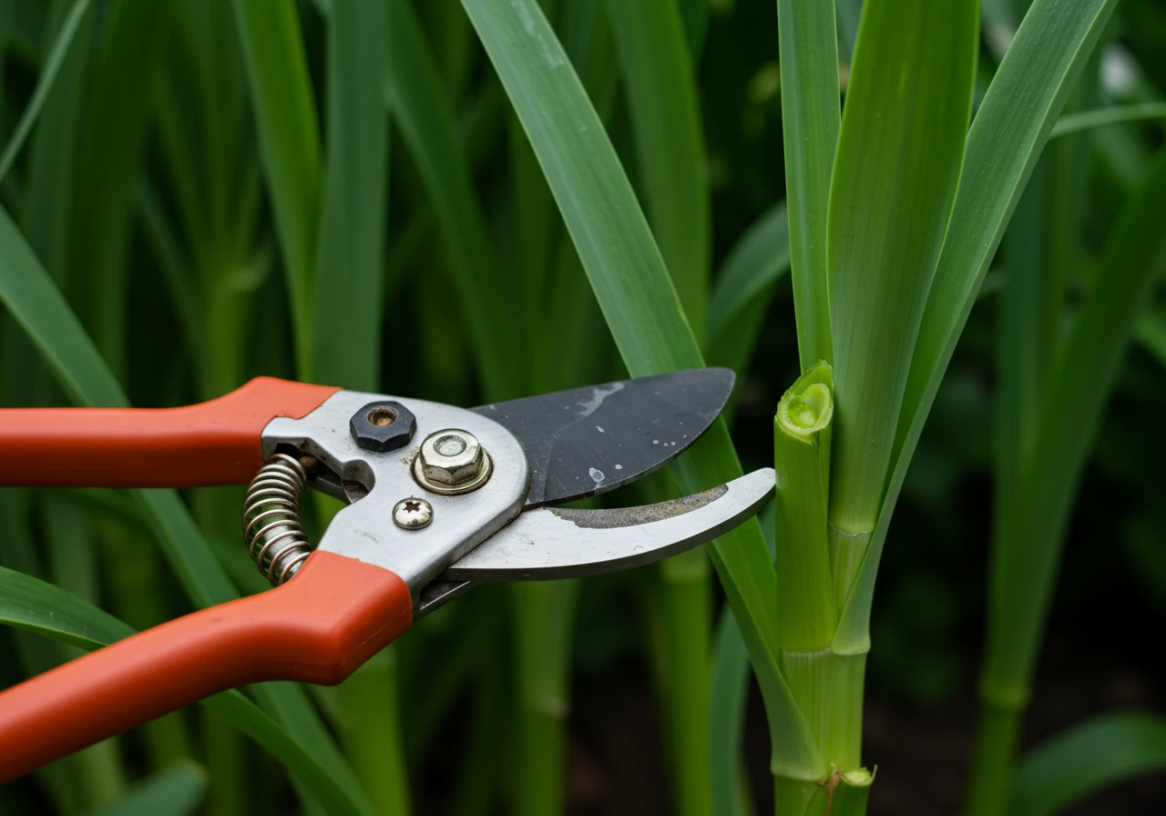 Clean, sharp bypass garden pruners resting next to a recently pruned stem of a perennial plant within a garden border. The focus is on the clean pruners and the healthy remaining stem, implying the careful removal of diseased material without showing the actual diseased part or hands.