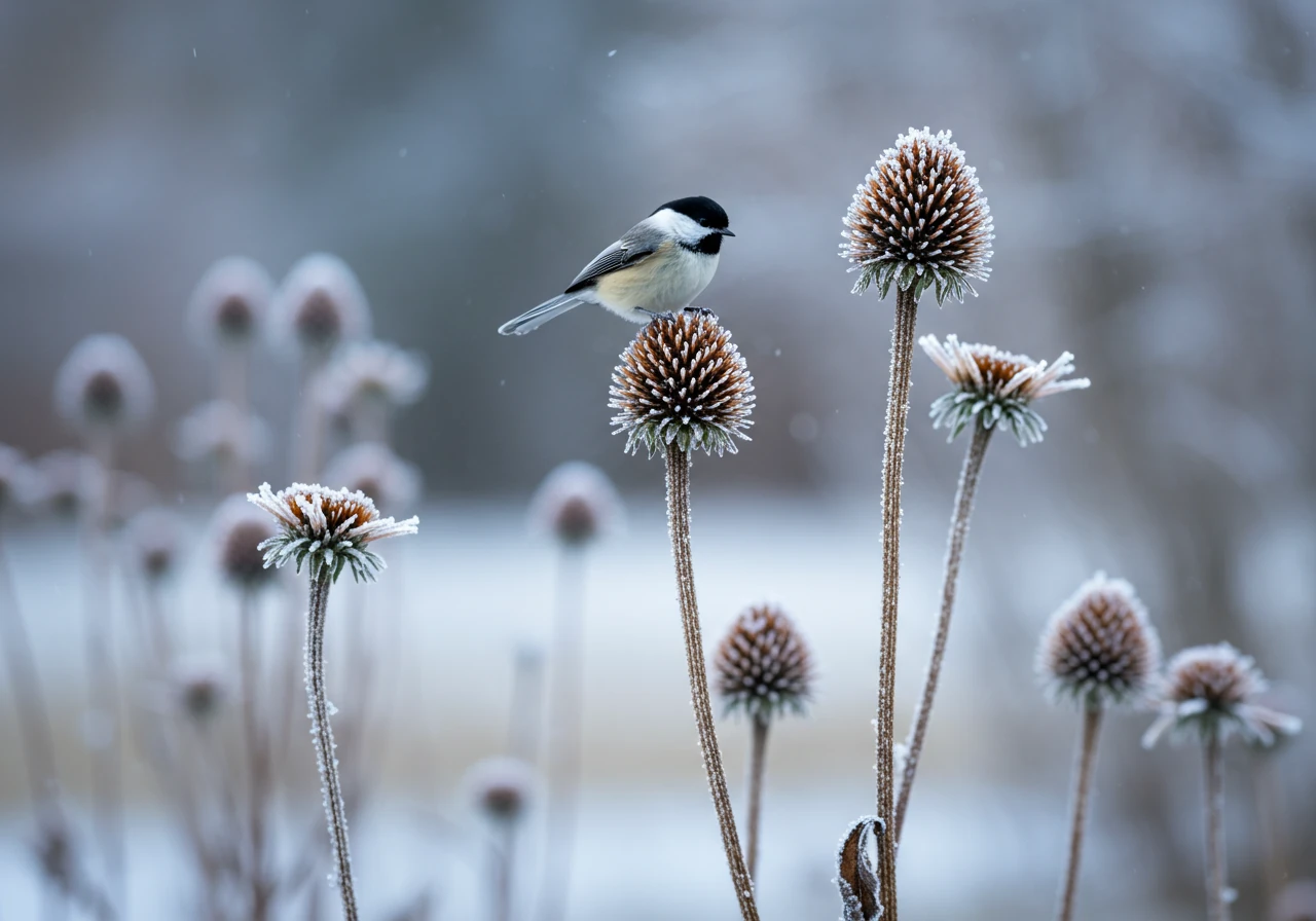 A visually appealing image demonstrating the concept of leaving some plant material for winter interest and wildlife. Show dried, frosted seed heads of a plant like Echinacea (Coneflower) or an ornamental grass standing tall in a garden bed lightly dusted with snow or frost. A small garden bird, like a chickadee or finch, could be perched on a seed head, subtly illustrating the food source aspect.