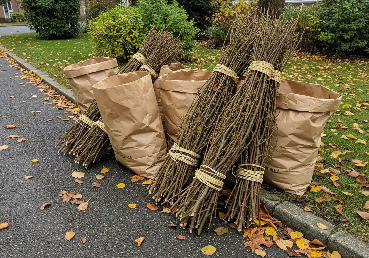 An image depicting responsible yard waste handling. Show neatly tied bundles of pruned branches placed beside filled brown paper yard waste bags on a residential curb or driveway area. Fallen autumn leaves could be scattered nearby, suggesting a fall cleanup context.
