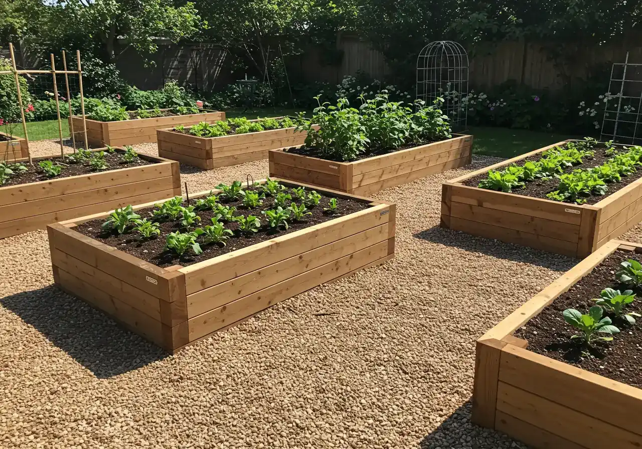 An image illustrating the concept of ergonomic garden design, specifically featuring raised garden beds. This visually supports the text discussing how garden layout can reduce physical strain.