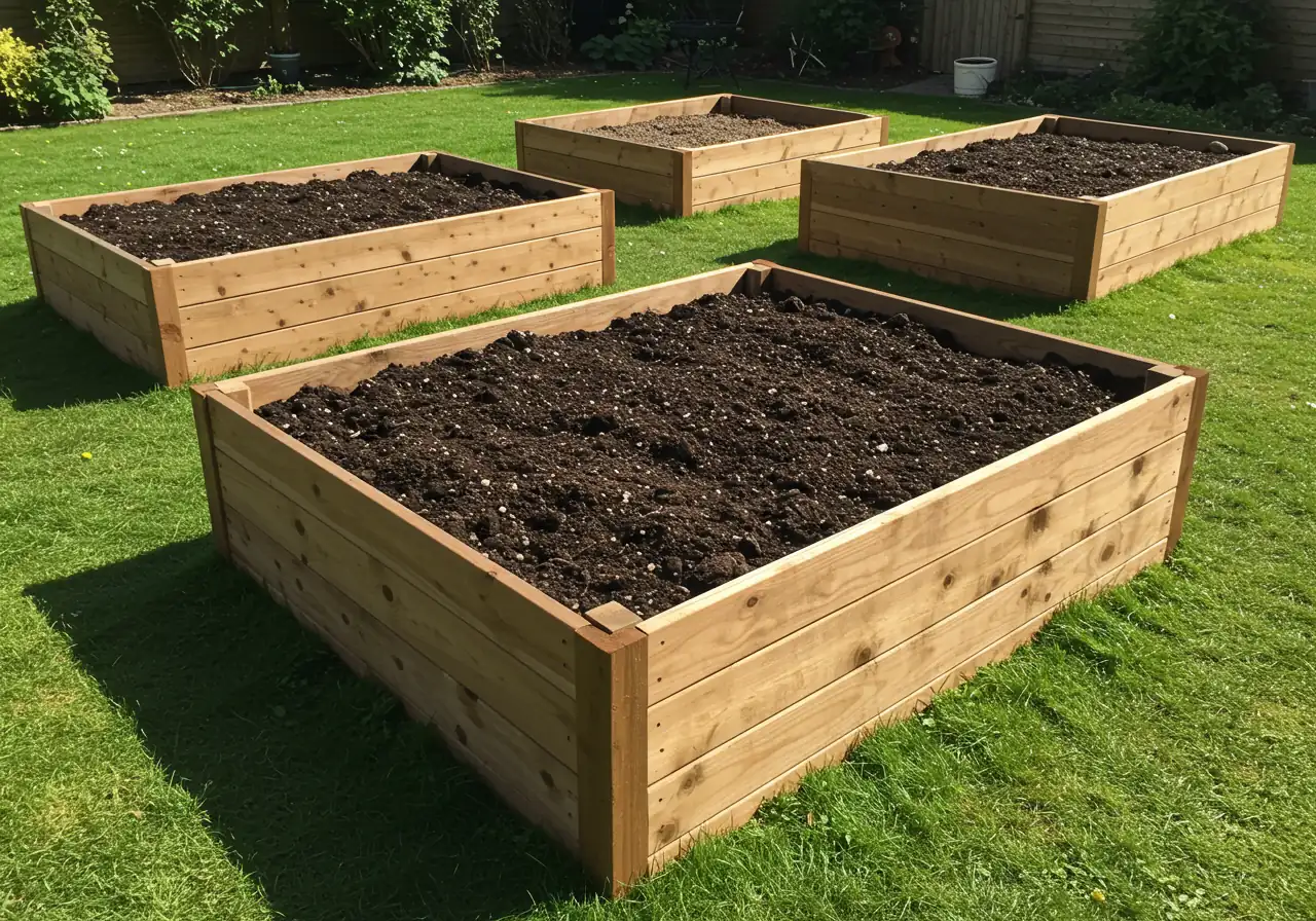 Photograph showcasing several well-constructed, empty wooden raised garden beds sitting on top of an unprepared lawn area. The beds are filled nearly to the brim with dark, fluffy, high-quality garden soil mix, ready for planting. The surrounding ground shows typical lawn grass or slightly rougher, unamended ground, highlighting the contrast and the 'above ground' nature of the beds. Sunny day lighting.