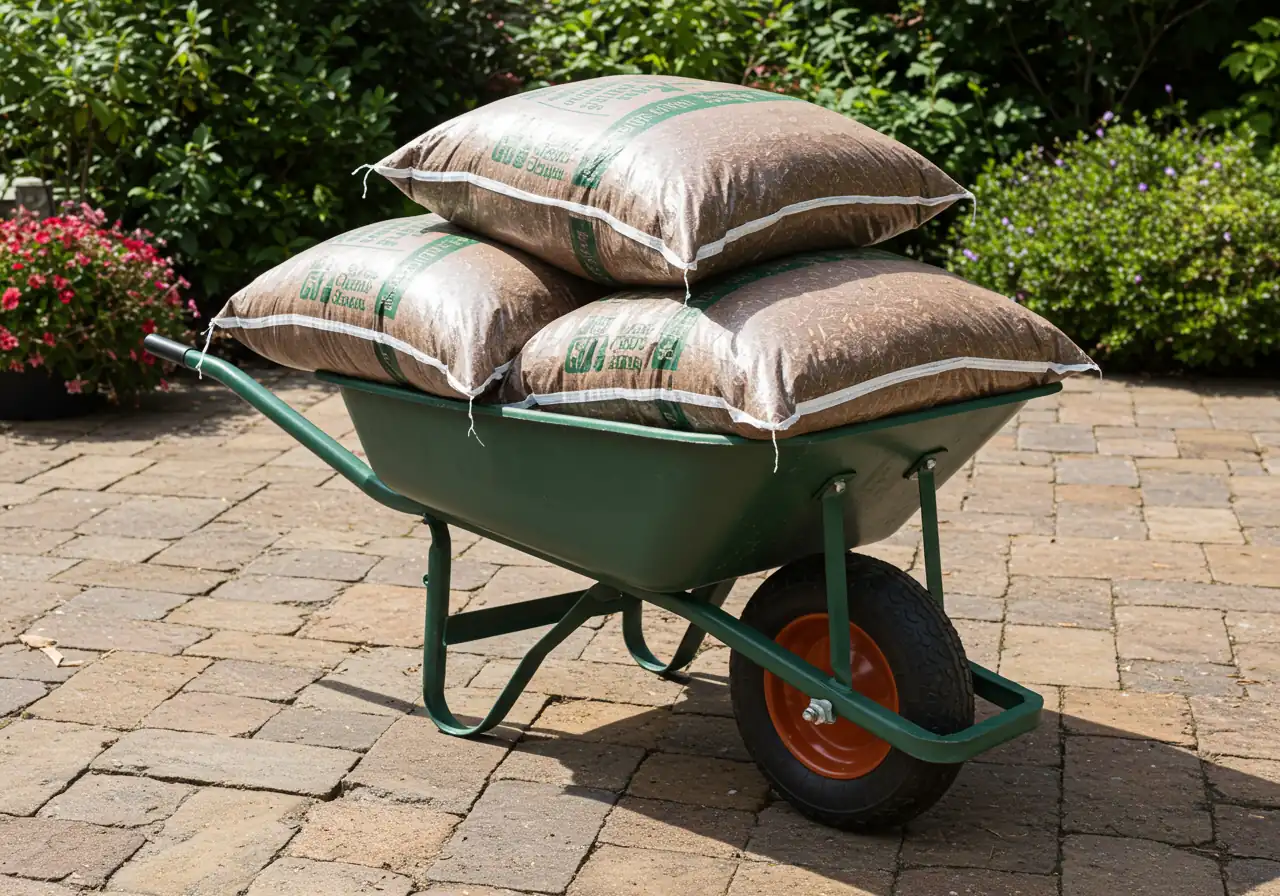 Image illustrating the 'heavy stuff' discussed in the lifting section. Show two or three large, full bags of garden mulch stacked neatly on a paved area or wheelbarrow (ergonomic style, perhaps two-wheeled), emphasizing their weight and bulk as typical spring materials.