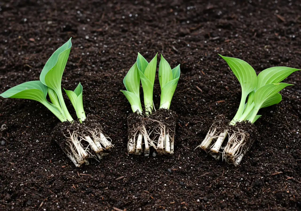 A clear visual of the successful outcome of division. This image should show 3-4 healthy-looking perennial divisions (e.g., Hosta or Siberian Iris divisions) separated from the main clump. Each division should have a visible cluster of healthy roots and several stems or growth points ('eyes'). They could be arranged neatly on dark, moist soil or a neutral tarp, ready for replanting.