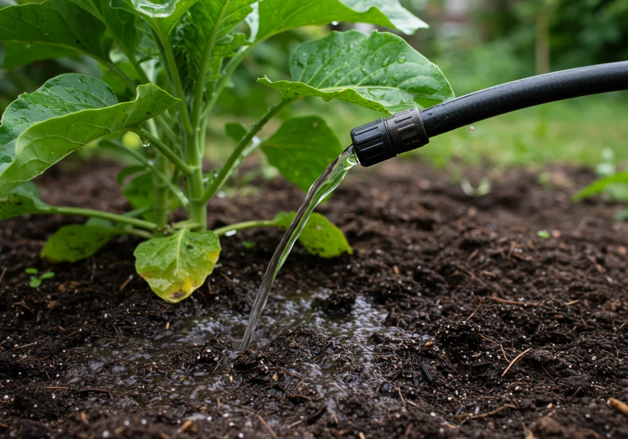 An image demonstrating proper watering technique, showing water flowing gently from a soaker hose or watering can spout directly onto the soil at the base of a healthy garden plant (like a tomato or perennial). The plant's leaves should be visibly dry, emphasizing watering the roots, not the foliage. The soil around the base should appear dark and damp.