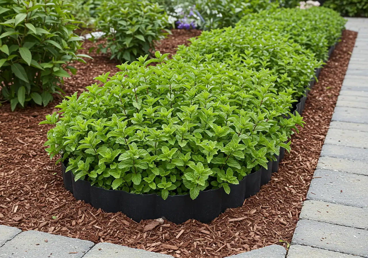 An image showing a contained patch of a known spreading plant, such as mint or bee balm (Monarda). The plants should look healthy and vigorous but clearly confined within a visible physical barrier like black landscape edging sunk into the soil or mulch. This visually demonstrates a practical containment strategy discussed in the text.