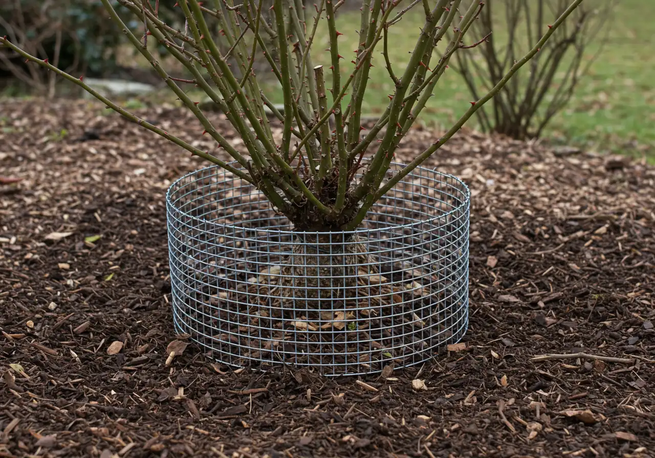 Photograph depicting the base of a mounded dormant rose bush protected by a physical barrier against animals. A cylinder made of galvanized hardware cloth (wire mesh with small squares) encircles the mounded base, extending slightly into the mulch/soil. This visually demonstrates effective critter control.