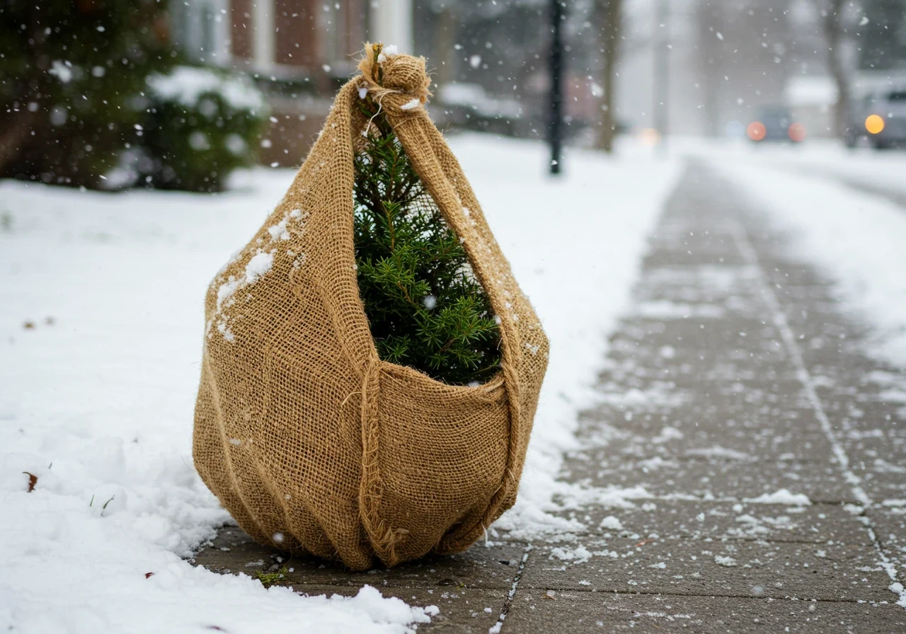 A photograph depicting a small evergreen shrub near a sidewalk loosely but securely wrapped in natural brown burlap for winter protection against salt spray. A light dusting of snow is on the ground and perhaps on the burlap, setting a clear winter scene.