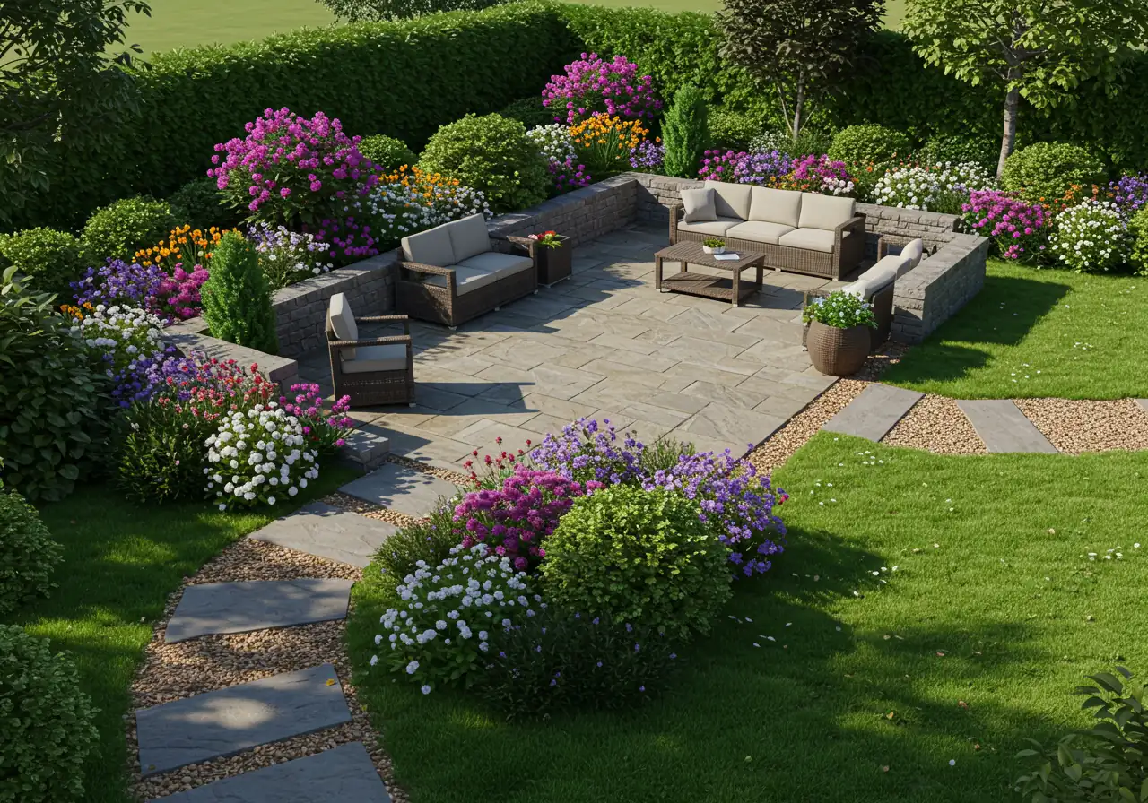 A high-quality, realistic 3D landscape design rendering showing a complete backyard transformation. It features a detailed patio with furniture, specific plantings shown at mature size, pathways, garden beds, and accurate sunlight/shadow representation, viewed from a slightly elevated perspective to capture the whole scene and illustrate the visualization power of 3D.