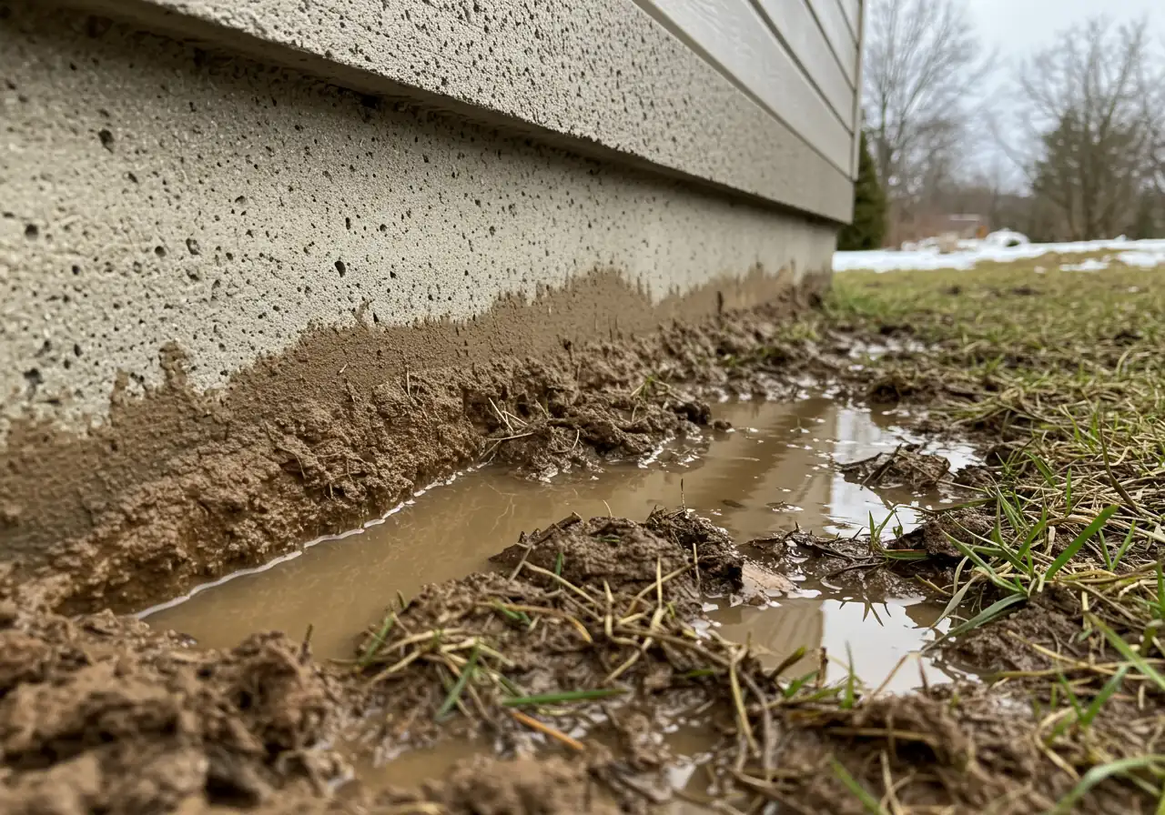 Water pooling near a home's foundation due to poor drainage during spring melt.