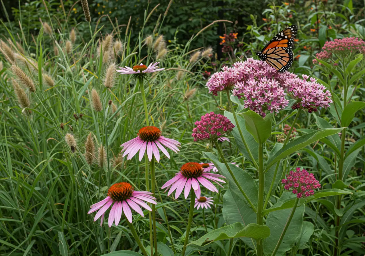 A beautiful composition highlighting the biodiversity of a thriving rain garden, featuring several native plant species mentioned in the article blooming simultaneously. For example, show vibrant Swamp Milkweed (Asclepias incarnata) possibly with a Monarch butterfly or caterpillar, alongside colourful Coneflowers (Echinacea) and tall, textured Switchgrass (Panicum virgatum). The image should convey plant health, beauty, and the ecological value of using native species.
