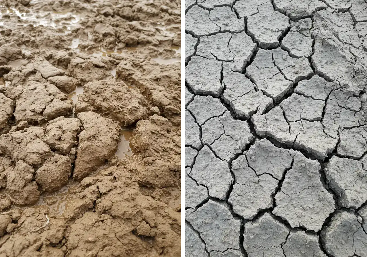 A split image or diptych visual. Left side shows a close-up of dense, wet, sticky clay soil, appearing dark brown and smooth with maybe a slight sheen of moisture. Right side shows a close-up of the same type of soil when bone-dry and cracked, appearing lighter grey-brown with deep fissures across the surface, emphasizing the extreme texture change.