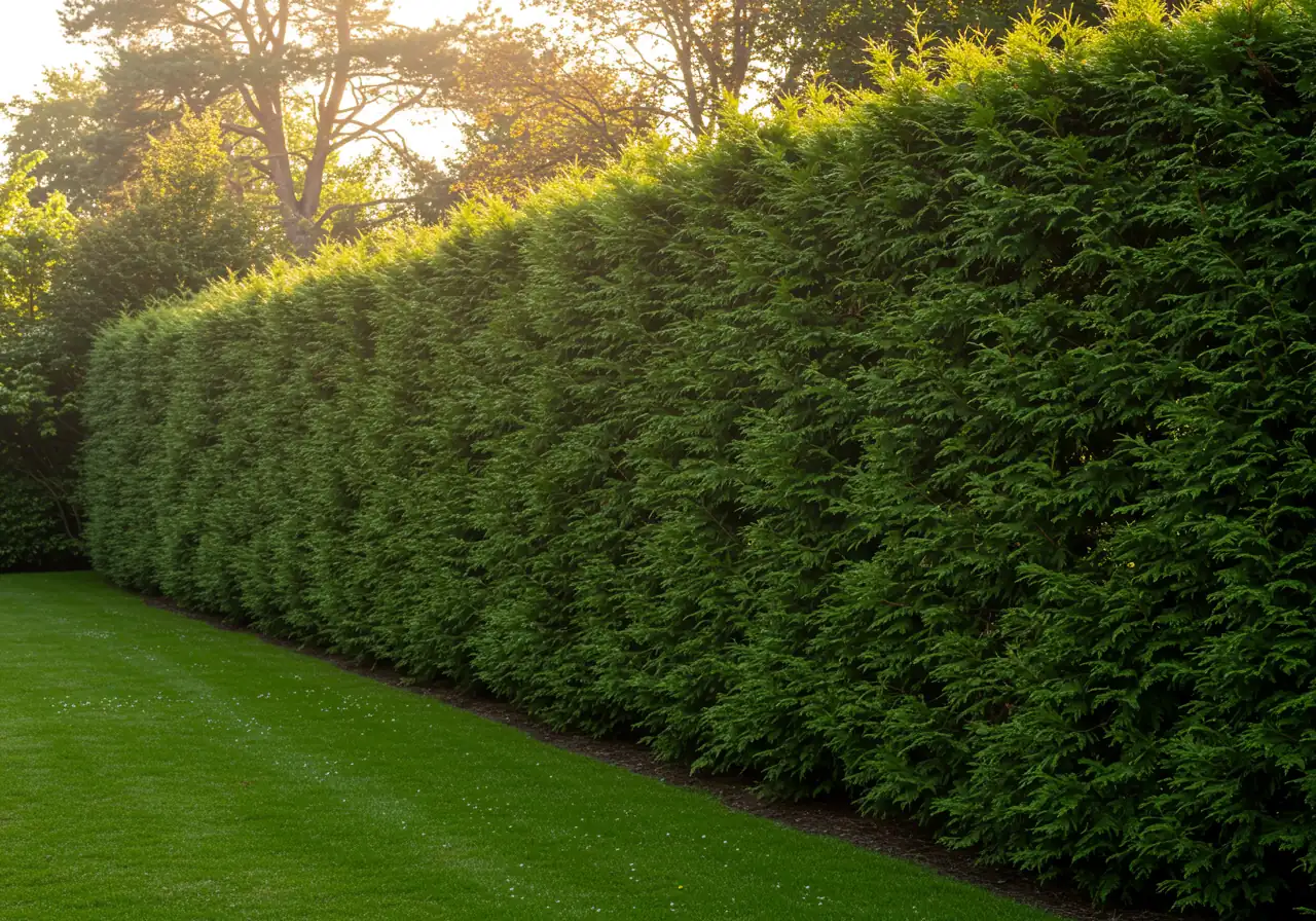 An established, healthy evergreen hedge serving as a living windbreak. Focus on a row of Eastern White Cedar or Norway Spruce, showcasing their density but also implying slight permeability (not a solid green wall). The plants should look robust and well-maintained, bordering a lawn or garden area, visually demonstrating an effective 'green screen' strategy discussed in the text.