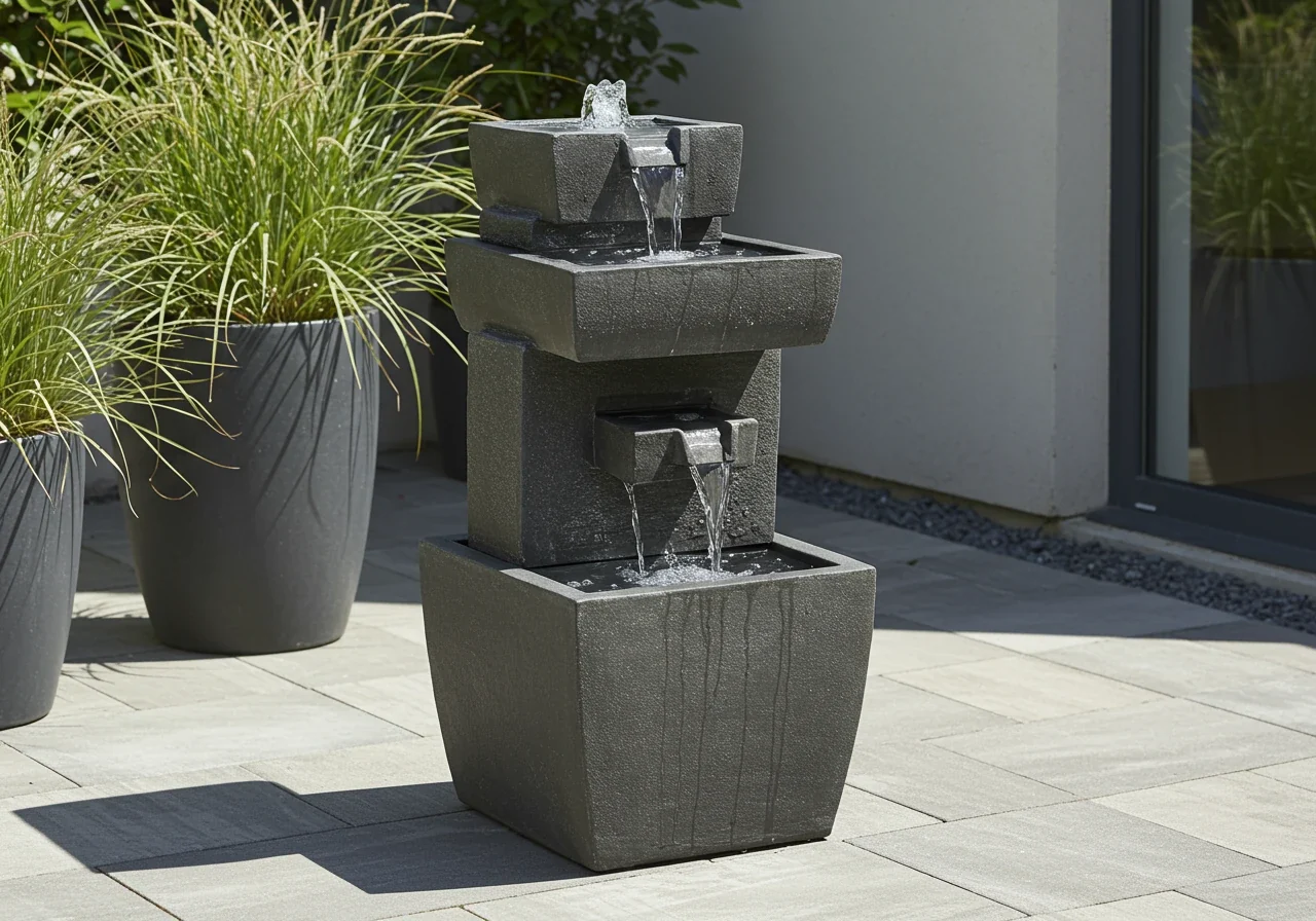 Eye-level view of a stylish, modern freestanding fountain made of dark grey stone or concrete, suitable for a patio or smaller garden space. Water gently bubbles from the top tier and flows smoothly down the sides into a self-contained basin. Surroundings include neat patio pavers and potted ornamental grasses, suggesting integration into a landscaped area.