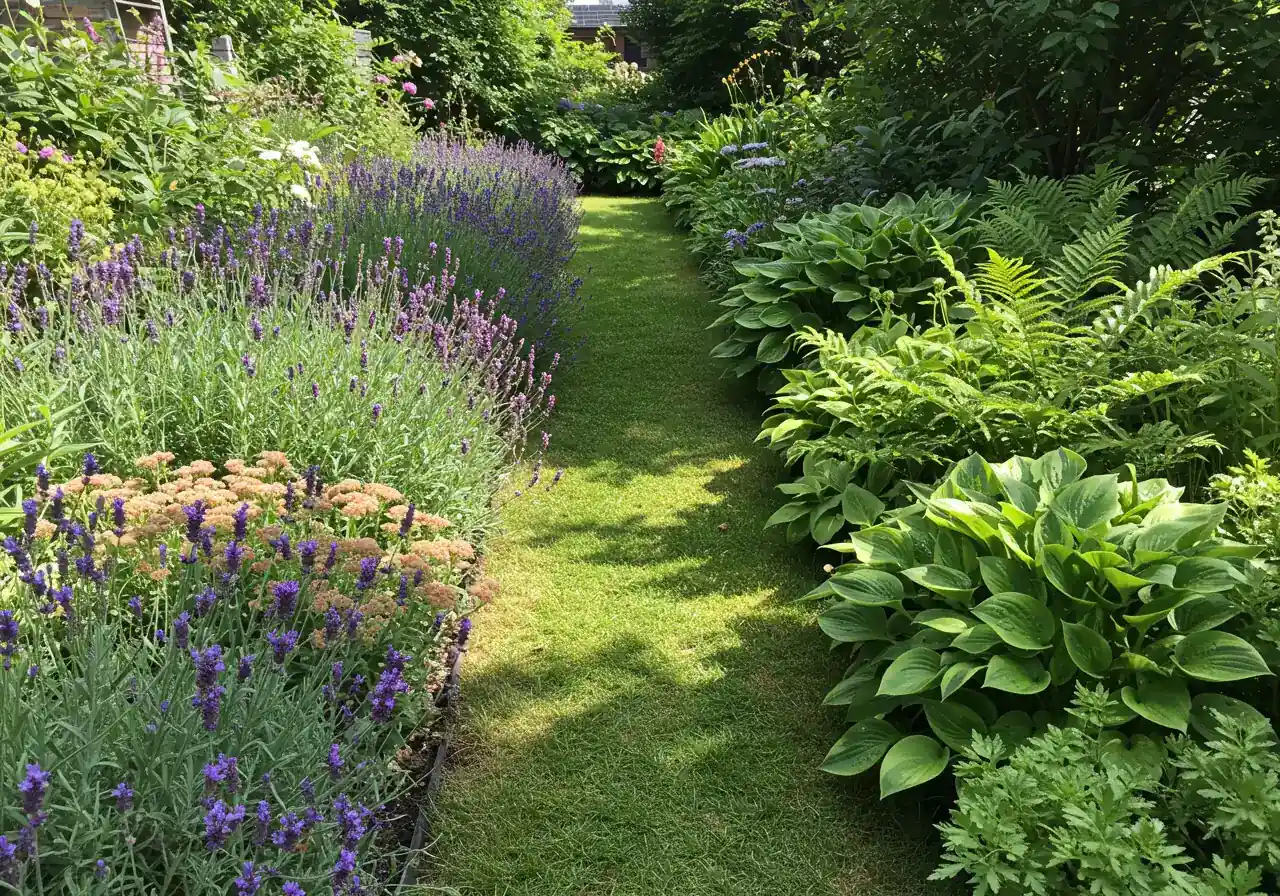 A visual contrast within a single garden scene highlighting a microclimate difference. One side shows a sun-drenched patch with heat-tolerant plants like Sedum or Lavender thriving near a warm stone wall, while the adjacent area under the dense shade of a large deciduous tree features lush Hostas and Ferns.