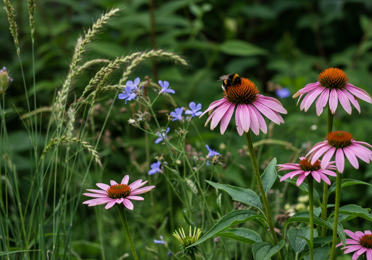 A vibrant, sunlit garden scene showcasing native Ottawa-region plants thriving. Prominently features bright purple coneflowers (Echinacea purpurea) in full bloom, possibly alongside some ornamental grasses like Little Bluestem (Schizachyrium scoparium) showing texture. A bumblebee or native bee is actively visiting one of the coneflowers. The overall impression is one of biodiversity and health.