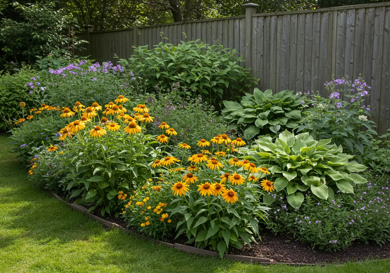 A detailed photograph capturing two distinct microclimates within the same garden scene. Foreground shows sun-drenched, heat-loving perennials like Coneflowers thriving. Background subtly shows a shadier, cooler area near a fence with shade-tolerant plants like Hostas or Ferns flourishing. Focus is on the plants and contrasting light conditions.