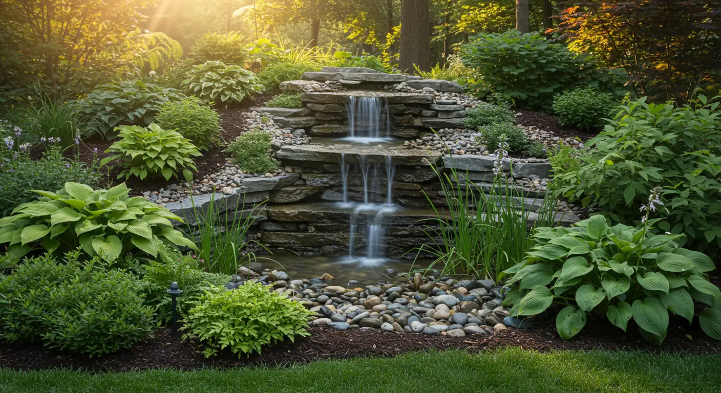 A tranquil backyard scene featuring a medium-sized pondless waterfall cascading over natural stacked flat rocks into a pebble basin, surrounded by lush green hostas, ferns, and small ornamental grasses. Early morning sunlight filters through nearby unseen trees, creating soft shadows and highlighting the water's movement, evoking a peaceful Kars backyard oasis.