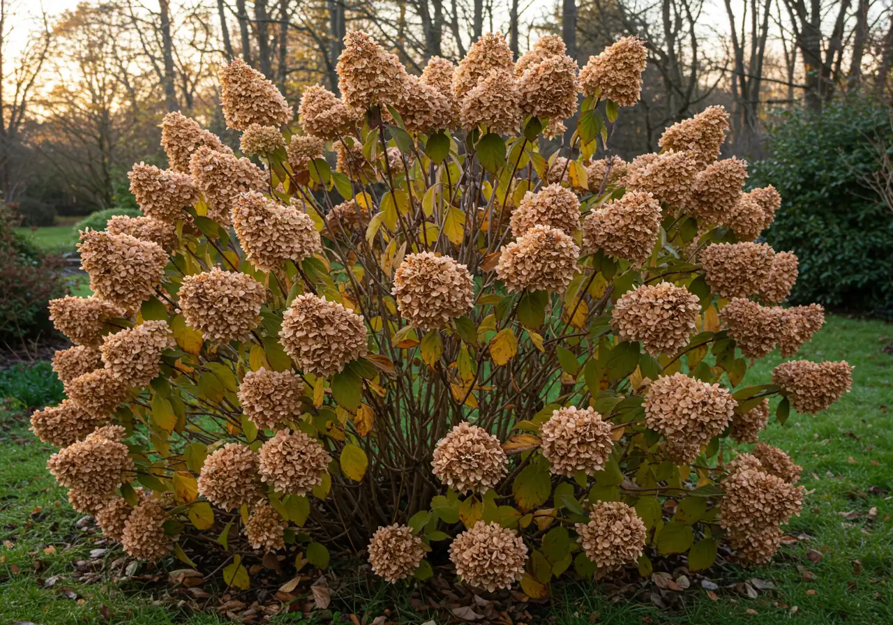 A photograph showcasing a shrub suitable for fall pruning or providing winter interest, such as a Panicle Hydrangea ('Limelight' or similar) or Smooth Hydrangea ('Annabelle') in late autumn. The image should feature its distinctive dried flower heads, perhaps touched with frost, contrasting with the bare stems or muted fall foliage around it.
