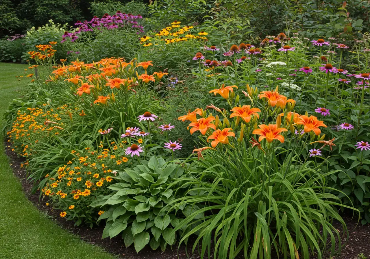 A vibrant, colourful photograph of a thriving perennial garden bed featuring plants mentioned as clay-tolerant. Include established Daylilies (Hemerocallis) with orange blooms, purple Coneflowers (Echinacea), and lush green Hostas in the foreground, demonstrating successful growth in likely clay conditions. The soil surface can be subtly visible, perhaps mulched.