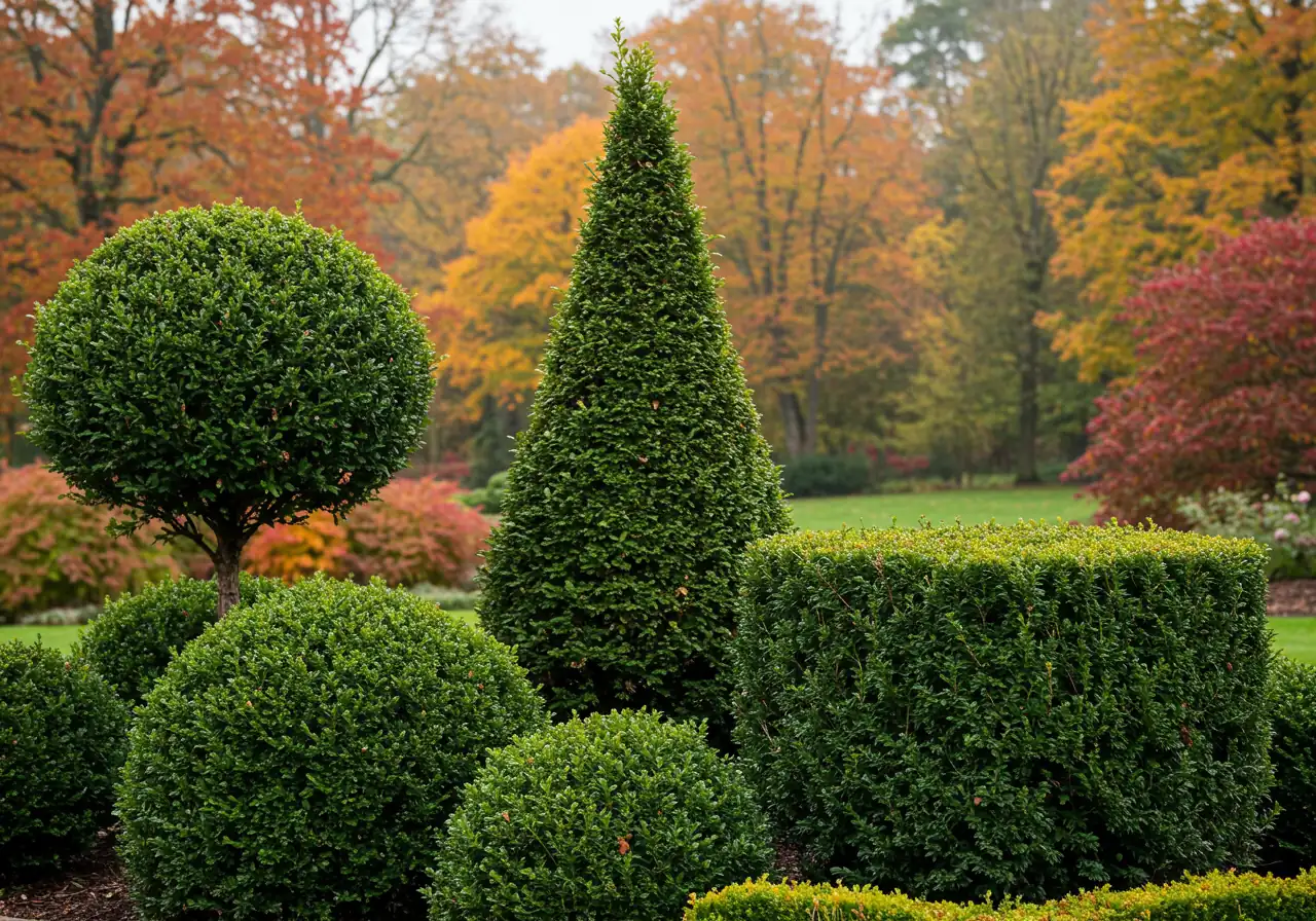 An image showcasing examples of simple, classic topiary shapes (sphere, cone, cube) on healthy evergreen shrubs within a neat garden setting. This visually defines the concept introduced in the text and breaks up the introductory paragraphs.
