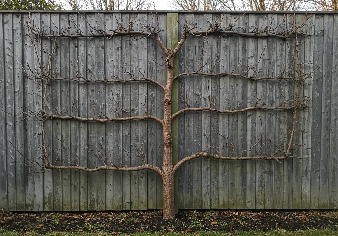A visually stunning example of a mature espaliered fruit tree, showcasing the 'living art' concept. The tree should be trained in an attractive pattern against a beautiful wall or fence, laden with either blossoms or developing fruit, demonstrating the aesthetic appeal described in the introduction.