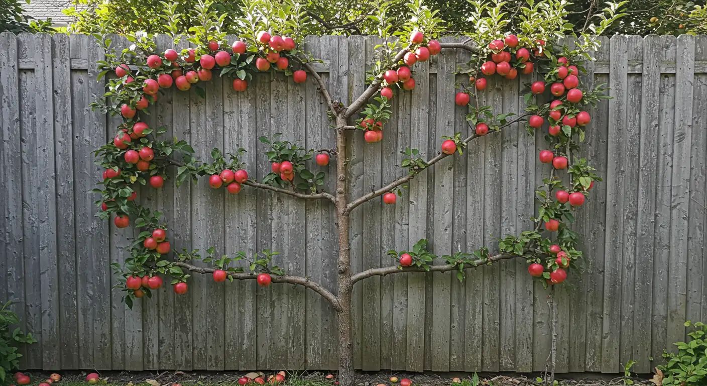 A visually striking example of a mature espalier apple tree laden with ripe red apples, trained flat against a weathered wooden fence in a compact, well-kept backyard setting. Sunlight highlights the apples and the elegant structure of the tree. The narrow profile of the tree clearly demonstrates the space-saving benefit in a small garden.
