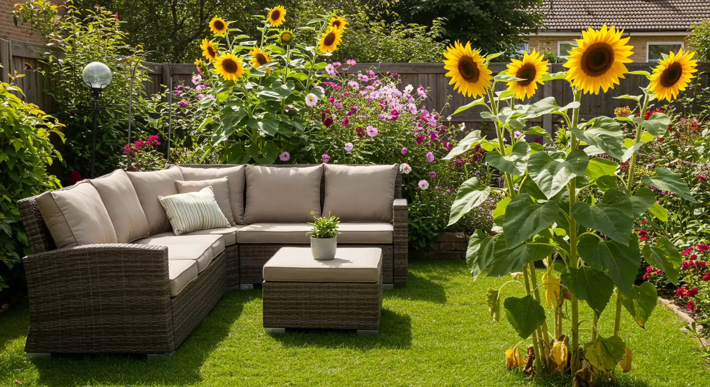 A visually appealing garden scene subtly depicting the effects of wind. Tall sunflowers or other flexible plants are gently leaning in a noticeable breeze, patio cushions might be slightly askew on outdoor furniture, capturing the 'uninvited guest' feeling without looking disastrous. The overall scene should still be sunny and inviting, highlighting the potential for beauty despite the wind.