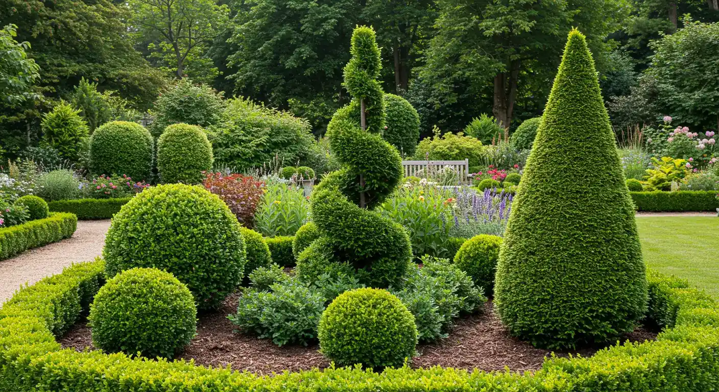 An image showcasing a variety of simple and elegant topiary shapes (like spheres, cones, and spirals) integrated into a beautiful garden setting. This visually introduces the concept and potential beauty of topiary.