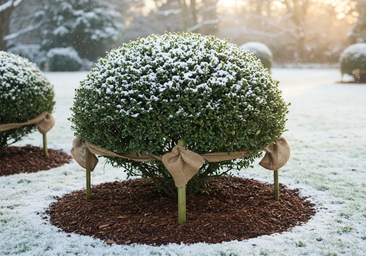 An image depicting a well-shaped evergreen topiary (e.g., a sphere or cone) prepared for winter. It should show protective mulch around the base and perhaps burlap wrapping around stakes nearby, possibly with a light dusting of early snow to set the scene.