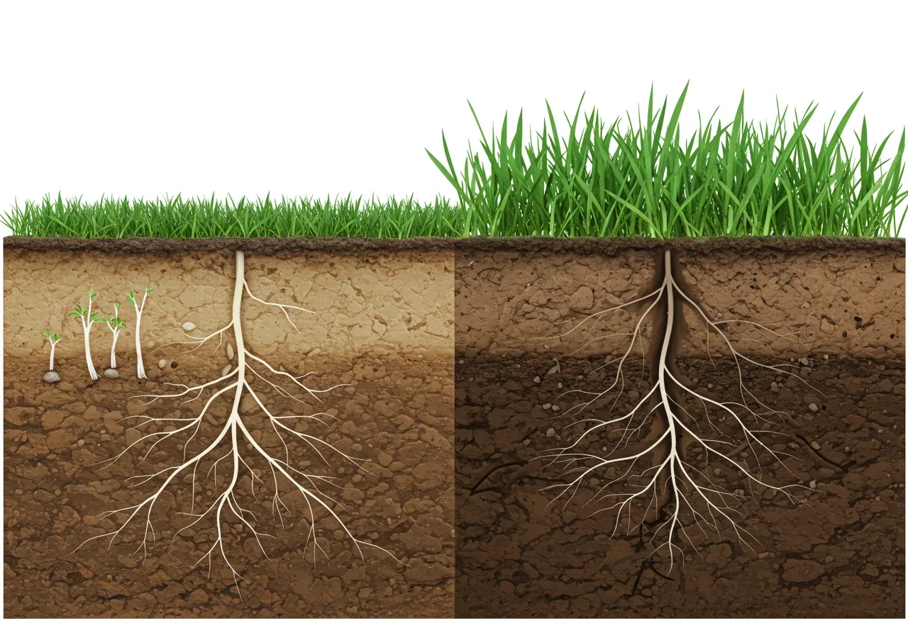 An illustrative soil cross-section graphic (photorealistic style, no diagrams or labels) showing the benefit of aeration for root growth. The left side depicts short, stunted grass roots struggling and failing to penetrate a dense, compacted, light-coloured soil layer. The right side depicts long, healthy, white grass roots extending deeply and easily into a dark, loose, porous soil layer with visible channels for air and water.