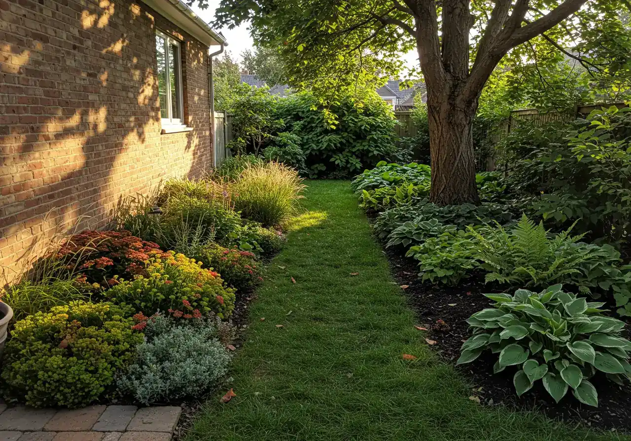 A visually distinct backyard scene illustrating microclimates. One side shows a sun-baked area against a brick wall with heat-tolerant plants, while the other side, under a large deciduous tree, shows deep shade, moisture on the ground, and shade-loving plants like ferns or hostas.