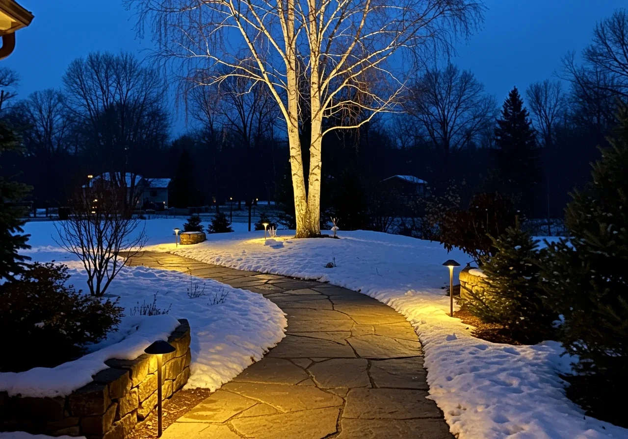 An inviting winter evening scene demonstrating the impact of landscape lighting and hardscaping. Show a well-defined stone or paver pathway, cleared of snow but with snow banks on either side, leading towards an unseen house entrance. Low-voltage path lights cast warm, golden pools of light onto the walkway. An uplight illuminates the interesting bark and structure of a leafless deciduous tree (like a Paper Birch or Red Osier Dogwood) nearby, creating depth and ambiance against the dark twilight sky.