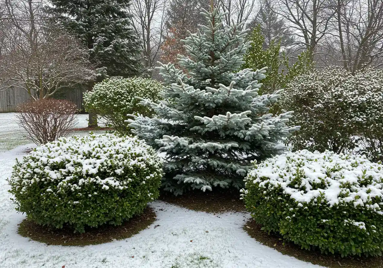 A diverse grouping of hardy evergreens showcased in a suburban front yard setting lightly dusted with fresh snow. The image should feature different forms and textures, such as a pyramidal blue spruce providing height, rounded green boxwoods defining a border, and perhaps a low, spreading juniper. This illustrates the concept of using evergreens for structure, colour, and texture during winter. Focus solely on the plants against the snowy backdrop under soft winter daylight.