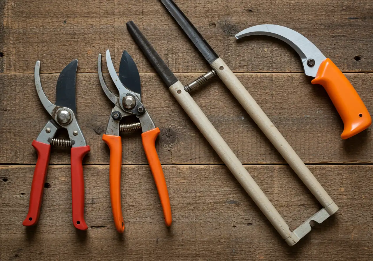 A clean, professional flat lay photograph displaying the essential pruning tools mentioned. This should include a pair of bypass pruners, long-handled loppers, and a curved pruning saw. The tools should appear clean, sharp, and well-maintained, arranged neatly on a simple, slightly rustic background like weathered wood or burlap.