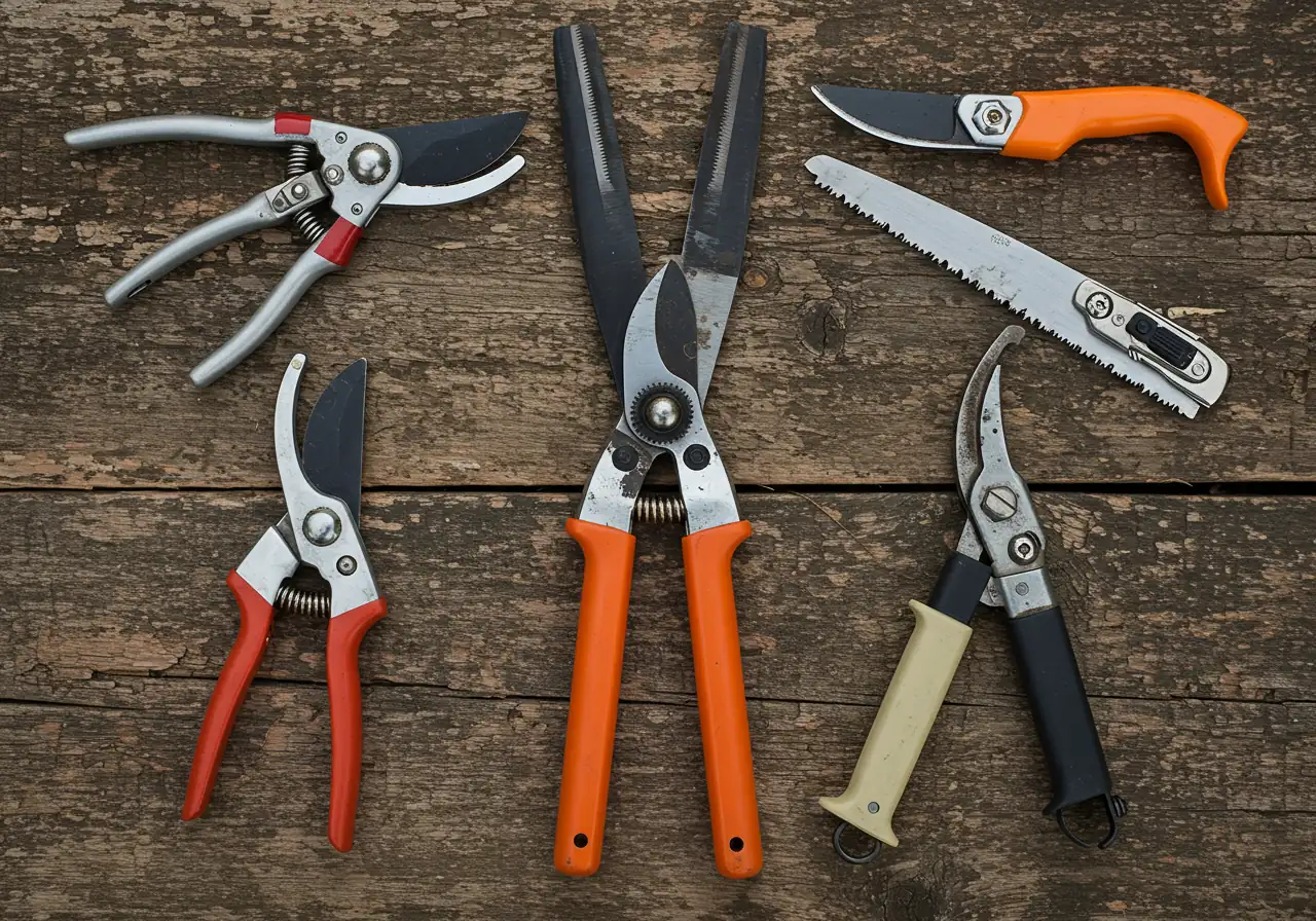 An overhead 'flat lay' style photograph displaying essential, clean spring pruning tools: a pair of bypass hand pruners (secateurs), long-handled loppers, and a small folding pruning saw, arranged neatly on a weathered wooden garden bench or table surface. This illustrates the recommended toolkit.