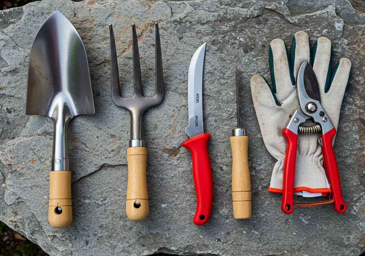 A clean, well-composed flat lay image showcasing the essential tools for dividing perennials. Items should include a sharp spade with a clean edge, a sturdy garden fork, a hori-hori knife, sharp bypass pruners, and a pair of durable gardening gloves, arranged neatly on a slightly weathered wooden or stone surface. This helps readers visualize the necessary equipment.