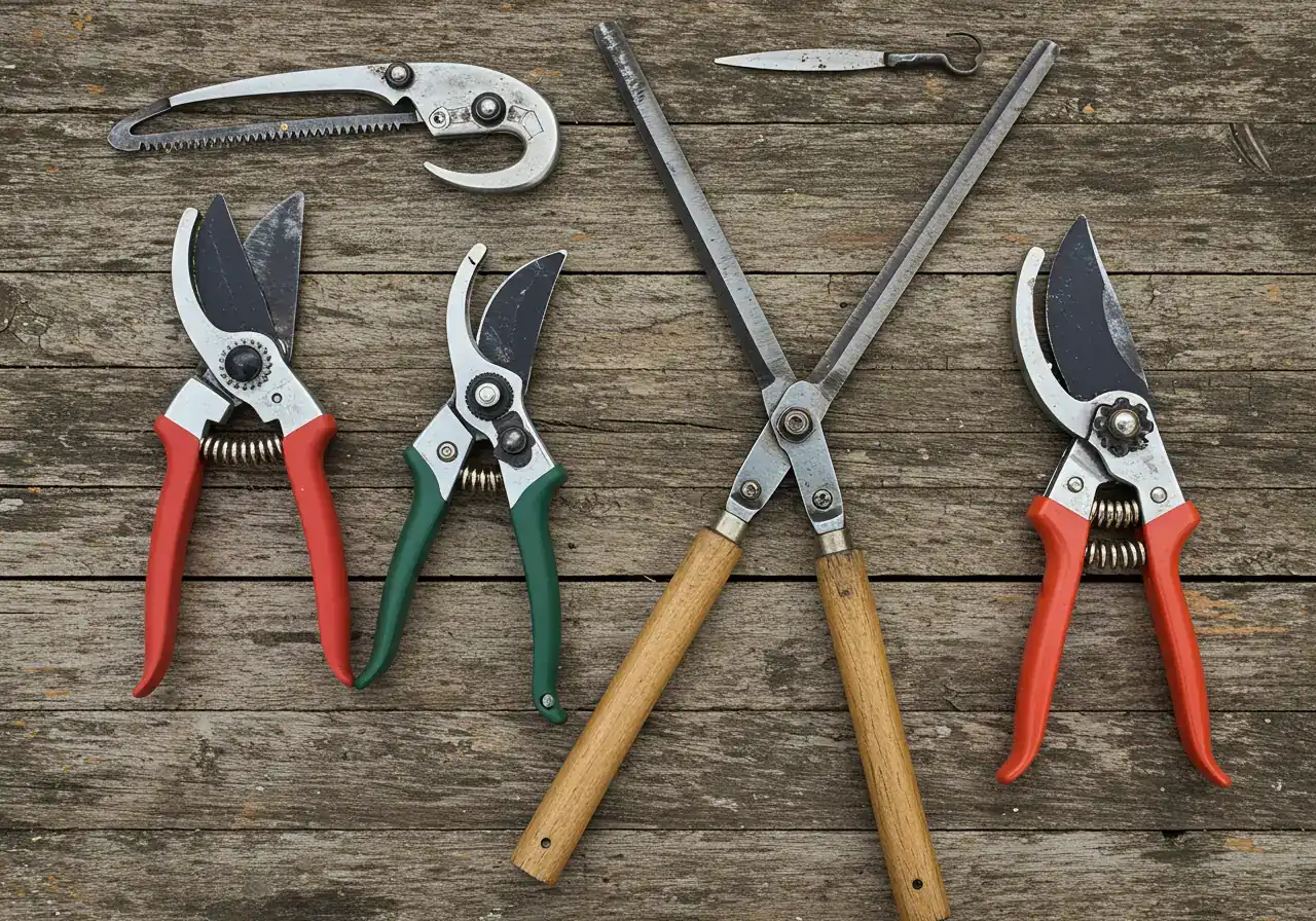 A clean, professional flat-lay photograph showcasing essential summer pruning tools arranged neatly on a natural surface like weathered wood or stone. Include sharp bypass pruners, long-handled loppers, and a small curved pruning saw. This image illustrates the toolkit mentioned in the section.