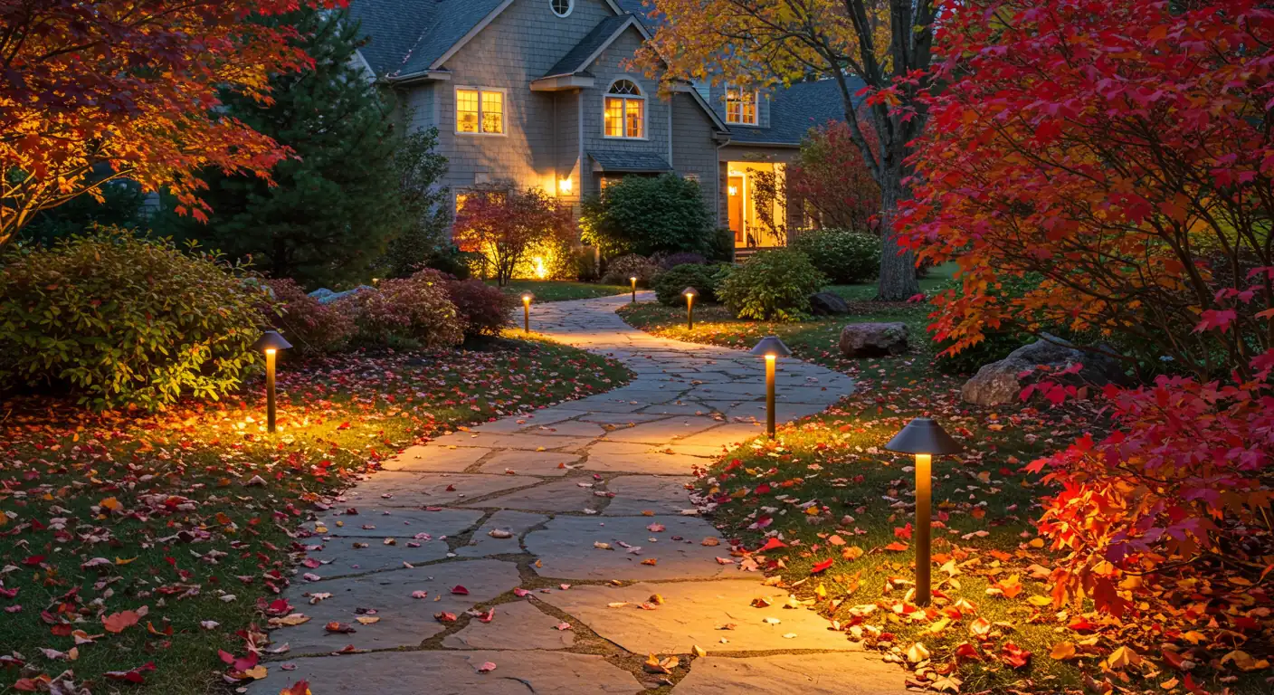 A welcoming view of a home's pathway at dusk during autumn. Low-profile pathway lights cast a warm glow on a stone walkway lightly dusted with colourful fallen leaves. The focus is on the illuminated path and the cozy, slightly moody atmosphere of a fall evening, hinting at the need for light as darkness falls.