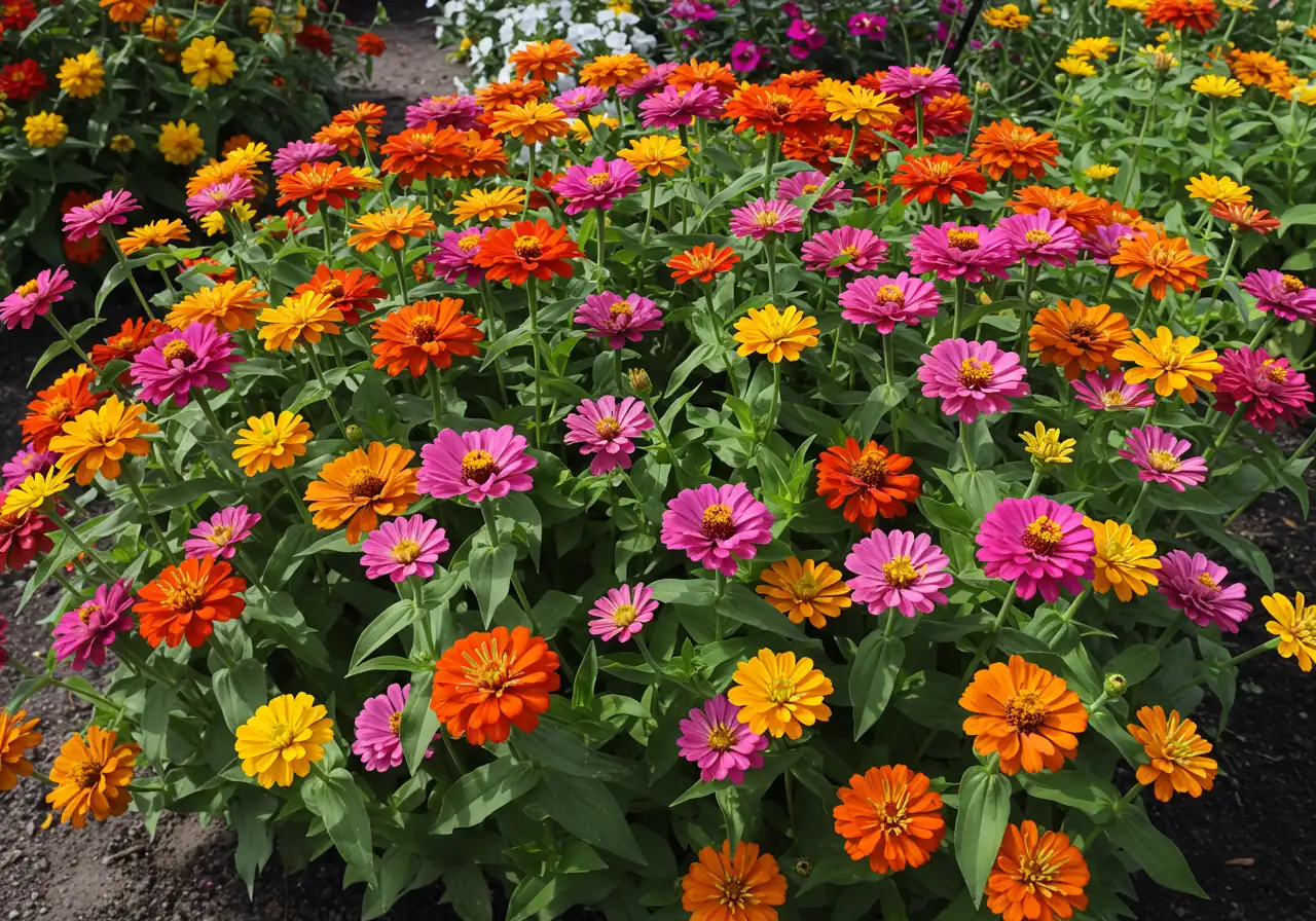 A vibrant, sunlit photograph showcasing a healthy cluster of Petunias or Zinnias in peak bloom within a garden bed or container. The flowers are abundant, colourful, and show no signs of fading, visually representing the positive outcome of regular deadheading. Focus on the density and health of the blooms.