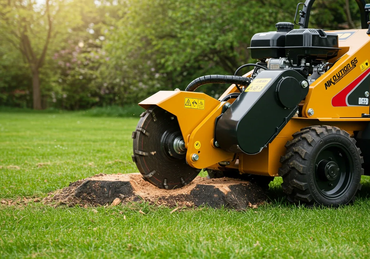 A clean, professional shot of a robust stump grinding machine parked neatly on a lawn, positioned near where a stump would be located (stump not necessarily visible). The focus should be on the machine itself, particularly the cutting wheel mechanism, conveying its power and purpose without showing any operator or ongoing messy work.