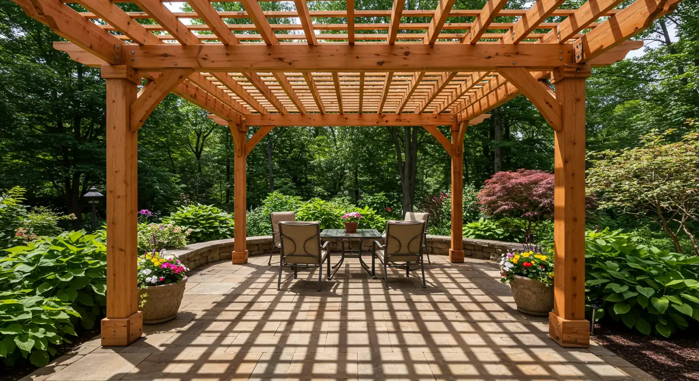 A visually appealing image showcasing a beautiful wooden pergola casting dappled shade onto an inviting patio set on a bright, sunny day. The surrounding area should feature healthy green plants, emphasizing the pergola as a cool oasis retreat from the sun.