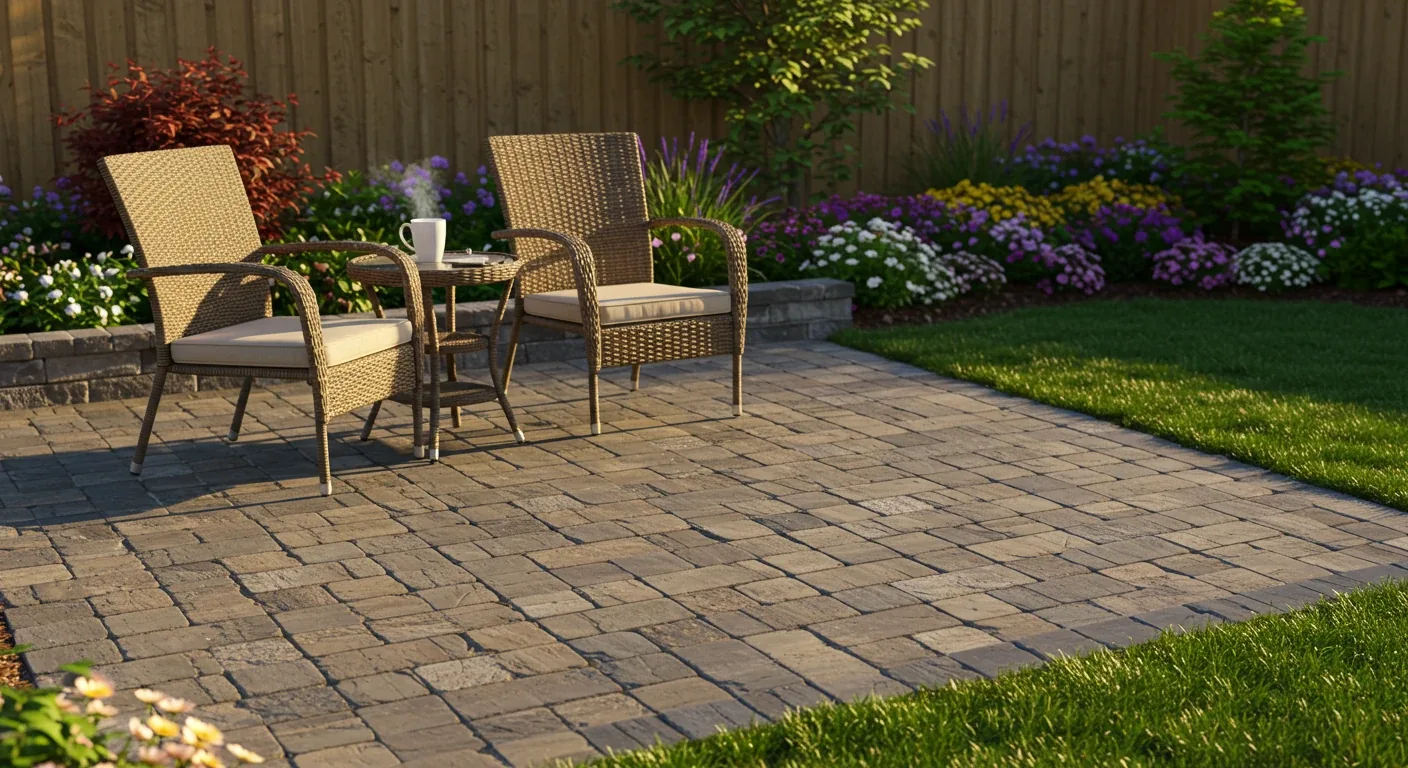 An inviting, beautifully designed stone patio in a suburban backyard, typical of Barrhaven style. The image captures the early morning golden light casting soft shadows. Comfortable but empty outdoor seating (e.g., wicker chairs and a small table) is arranged neatly. A steaming mug sits on the table, suggesting recent quiet enjoyment. Lush green lawn and well-maintained flowering perennial garden beds border the patio, enhancing the serene atmosphere. Focus on the quality of the hardscaping and the overall peaceful, aspirational mood. No people present.