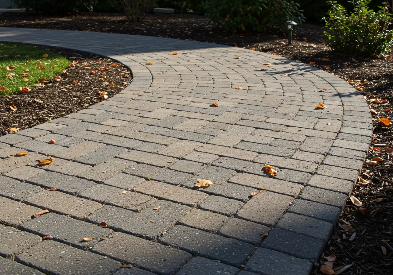 A well-constructed interlocking paver patio or walkway shown during the fall season. The focus should be on the clean lines, level surface, and quality installation of the pavers (e.g., proper joint spacing). A few colorful fallen leaves (red, yellow) can be scattered on the surface or edges to indicate the season, but the overall impression should be neat and well-maintained. Sunlight could be highlighting the texture of the pavers. The image demonstrates durable, attractive hardscaping.