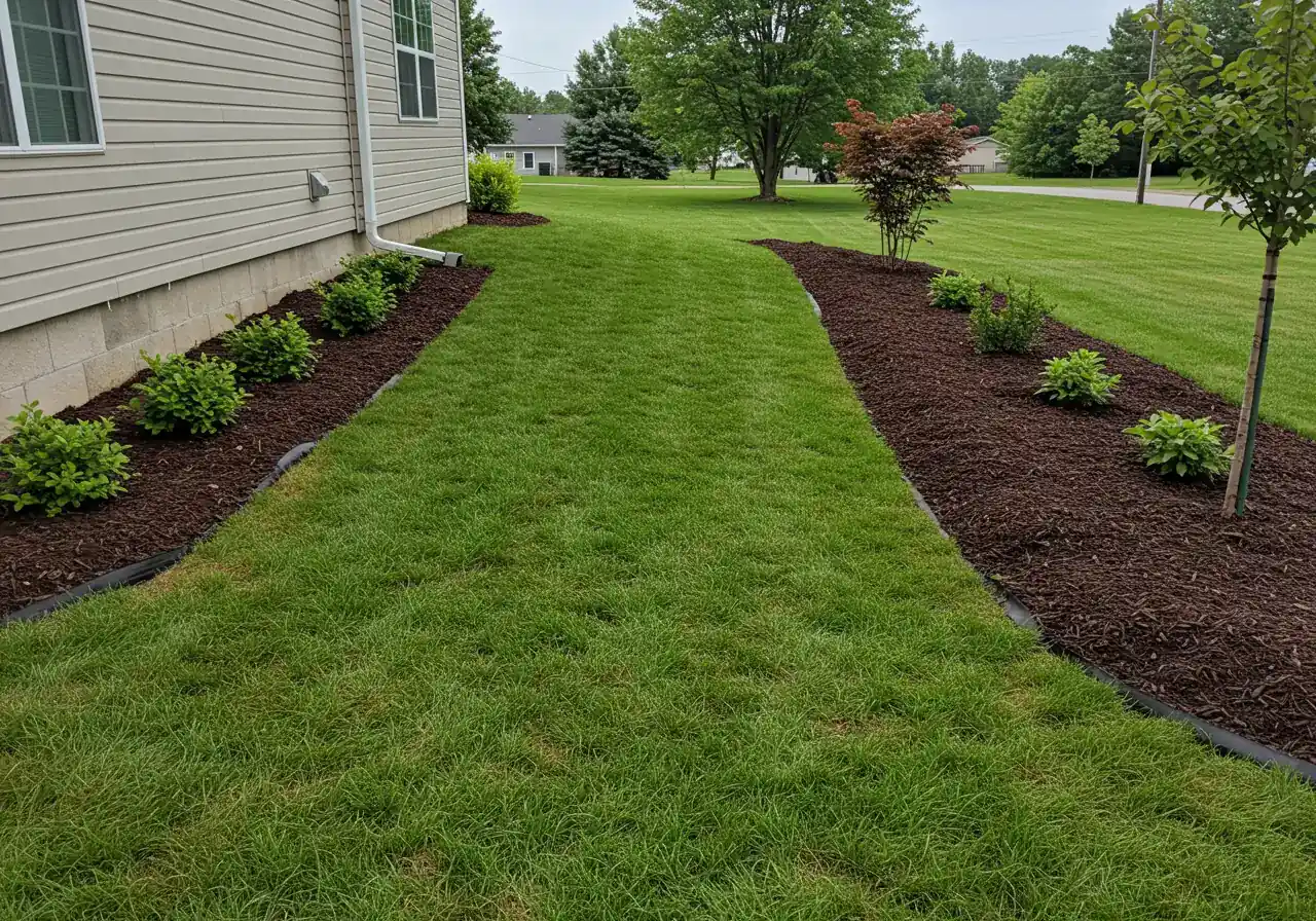 An image showcasing the professional finished result of a grading project. It should show a neat, properly sloped area adjacent to a house foundation, covered with healthy new sod or recently spread grass seed with germination visible. An adjacent garden bed could have fresh mulch and clean edging, demonstrating restoration and protection.
